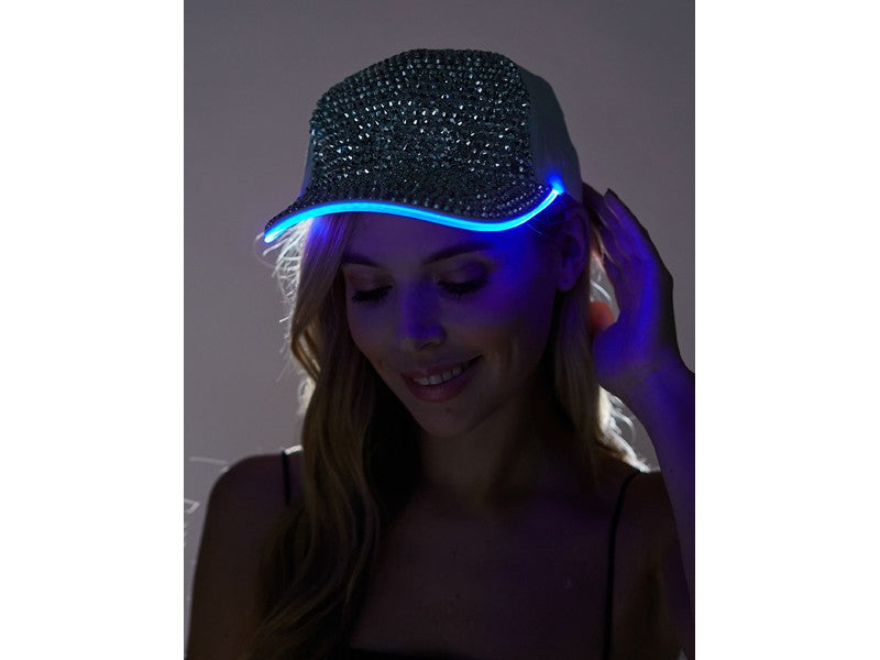 A sparkling black rhinestone light up cap with glowing blue led trim for stylish nightwear and events
