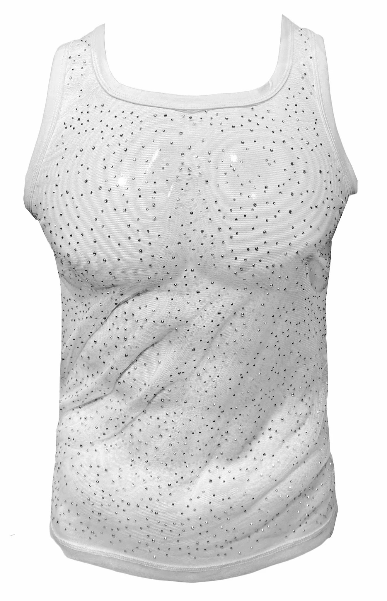 White tank top with sheer glittery mesh overlay decorated with small silver rhinestones rhinestone mesh tank top