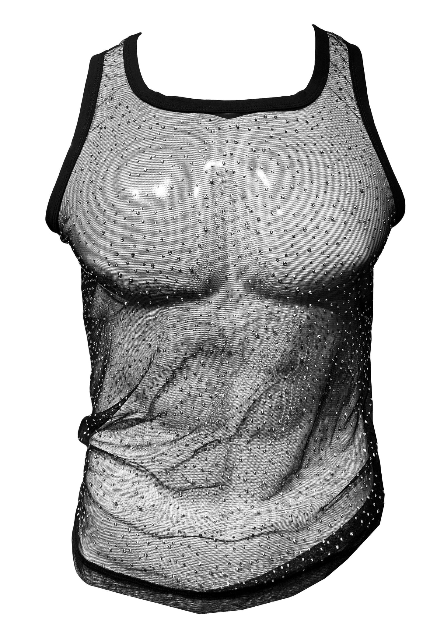 Black mesh tank top with sheer embellished design featuring embroidered muscular torso and sparkling rhinestones