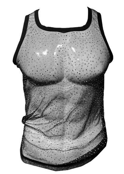 Black mesh tank top with sheer embellished design featuring embroidered muscular torso and sparkling rhinestones