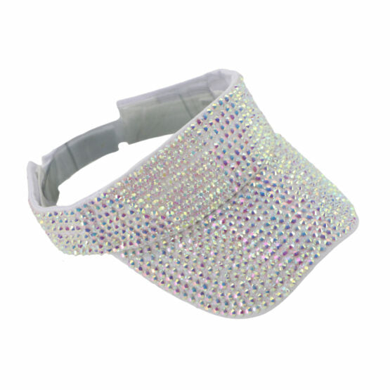 A shimmering white rhinestone visor densely adorned with sparkling crystals available in five colors