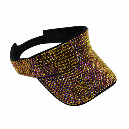 Rhinestone visor in shimmering gold and purple rhinestones with a black fabric strap in five colors available
