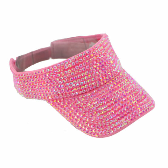 A vibrant pink rhinestone visor featuring a sparkling dense array of rhinestones in five colors