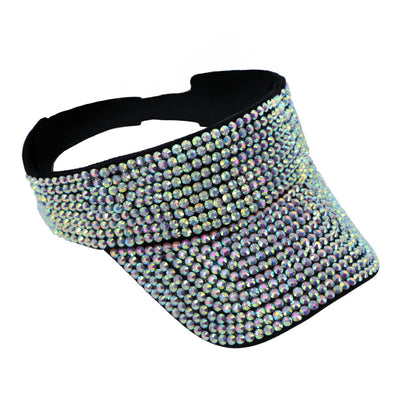 A black rhinestone visor adorned with dense sparkling iridescent rhinestones in silver and purple shades