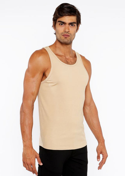 Beige rib modal tank sleeveless top with simple fitted design suitable for casual wear