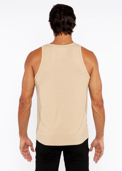 Beige rib modal tank featuring a simple fitted design sleeveless top perfect for layering or casual wear