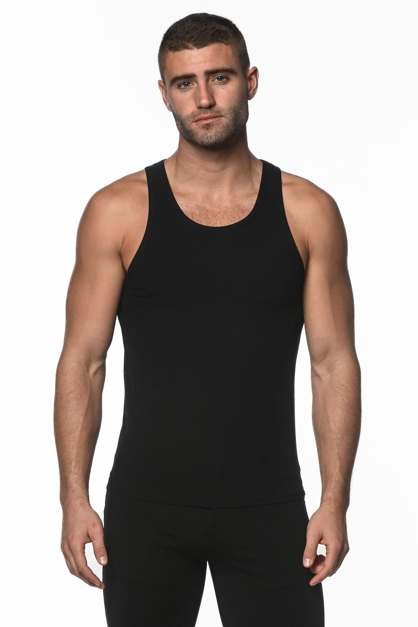 Black sleeveless rib modal tank top with a simple fitted design ideal for casual wear