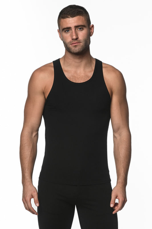 Black sleeveless rib modal tank top with a simple fitted design ideal for casual wear