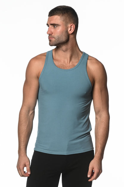 A sleek rib modal tank top in teal with a ribbed texture and fitted silhouette with a round neckline