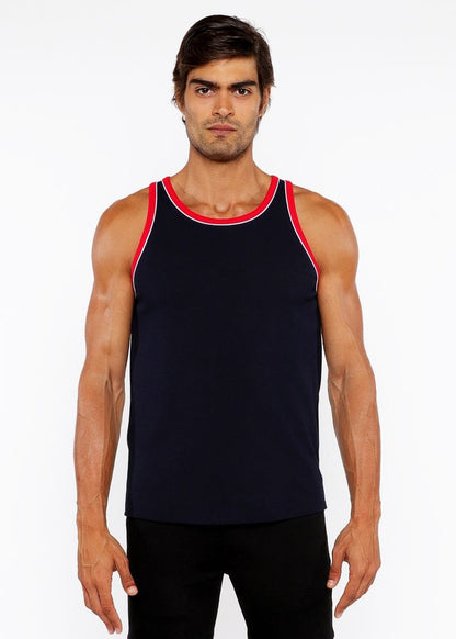 Black rib stretch ringer tank top with red and white piping detail and trim for casual wear