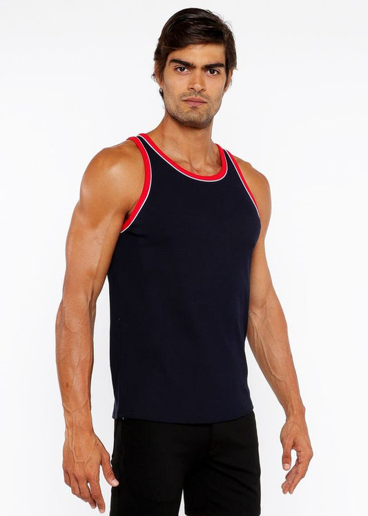 Navy blue rib stretch ringer tank with red piping detail around neckline and armholes front view