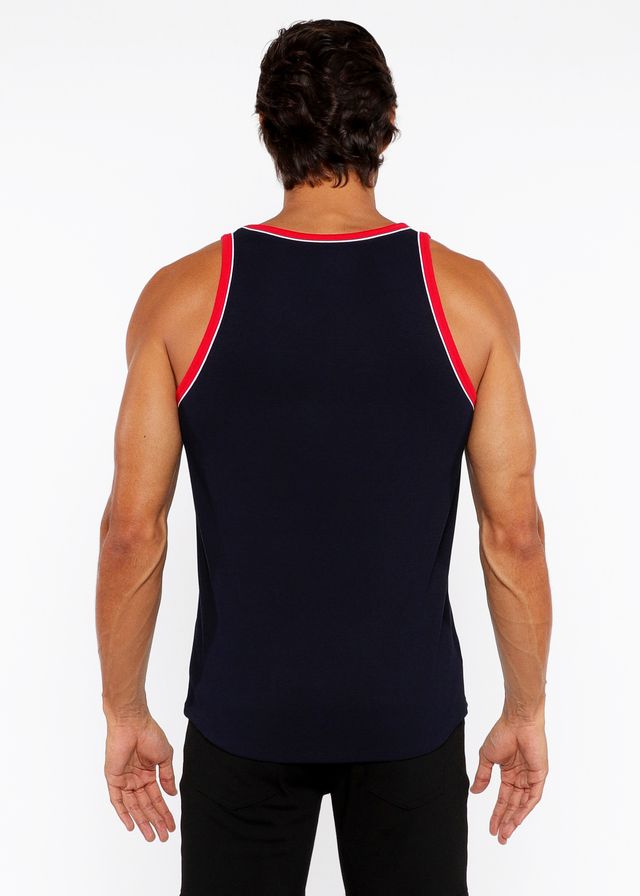 Black rib stretch ringer tank with red and white piping detail along neckline and armholes