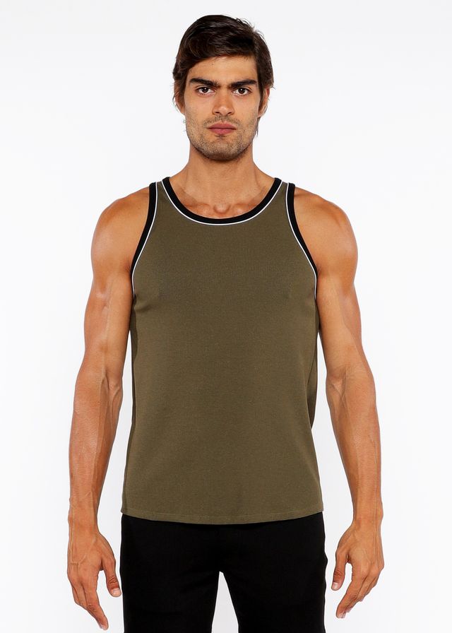 Olive green rib stretch ringer tank top with black and white piping detail for casual wear