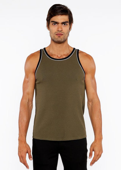 Olive green rib stretch ringer tank top with black and white piping detail for casual wear