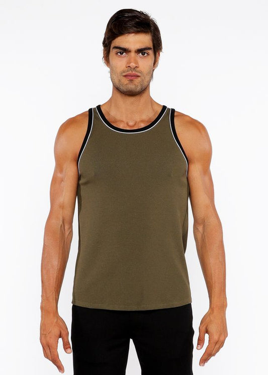 Olive green rib stretch ringer tank top with black and white piping detail for casual wear