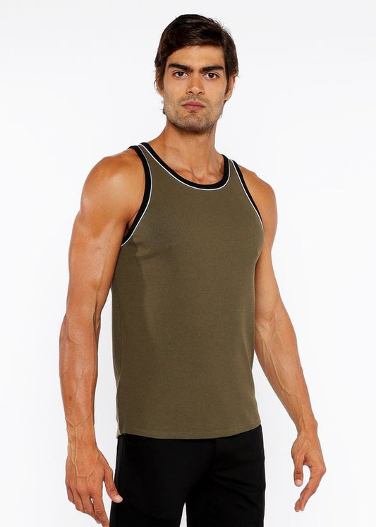 Olive green rib stretch ringer tank top with black and white piping detail for athletic wear