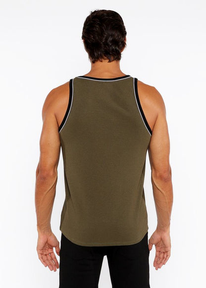 Olive green rib stretch ringer tank with black and white piping detail along neckline and armholes