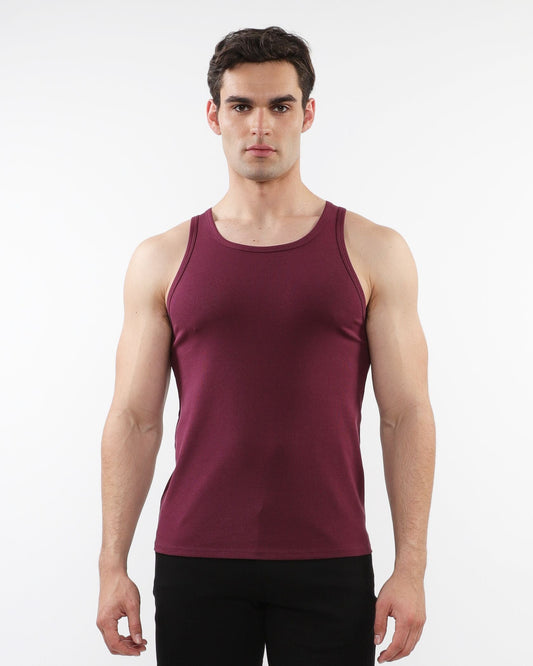 A maroon rib stretch tencel cotton tank top with a fitted sleeveless design perfect for casual wear
