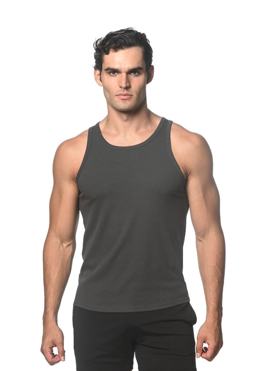 Dark gray rib stretch tencel cotton sleeveless tank top with a simple fitted design for comfortable wear