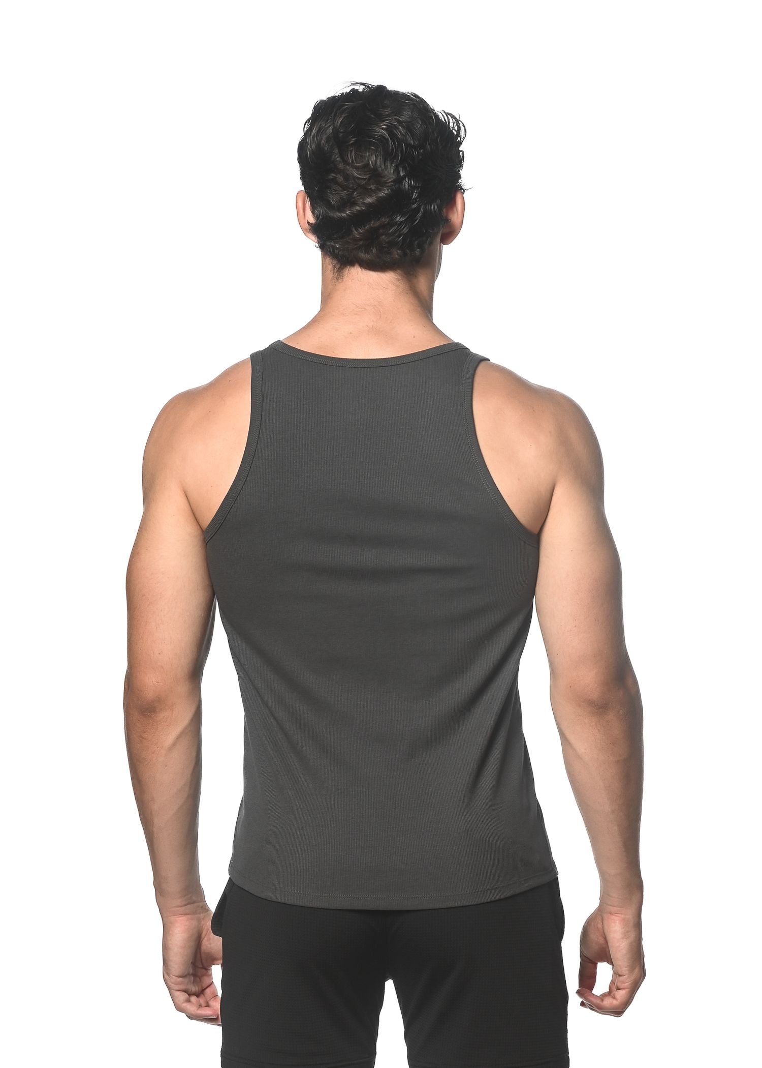 Dark gray rib stretch tencel cotton sleeveless tank top with a simple fitted design