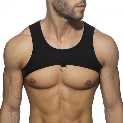 Black sleeveless top ring plan harness with silver metal ring center front detail for stylish layering