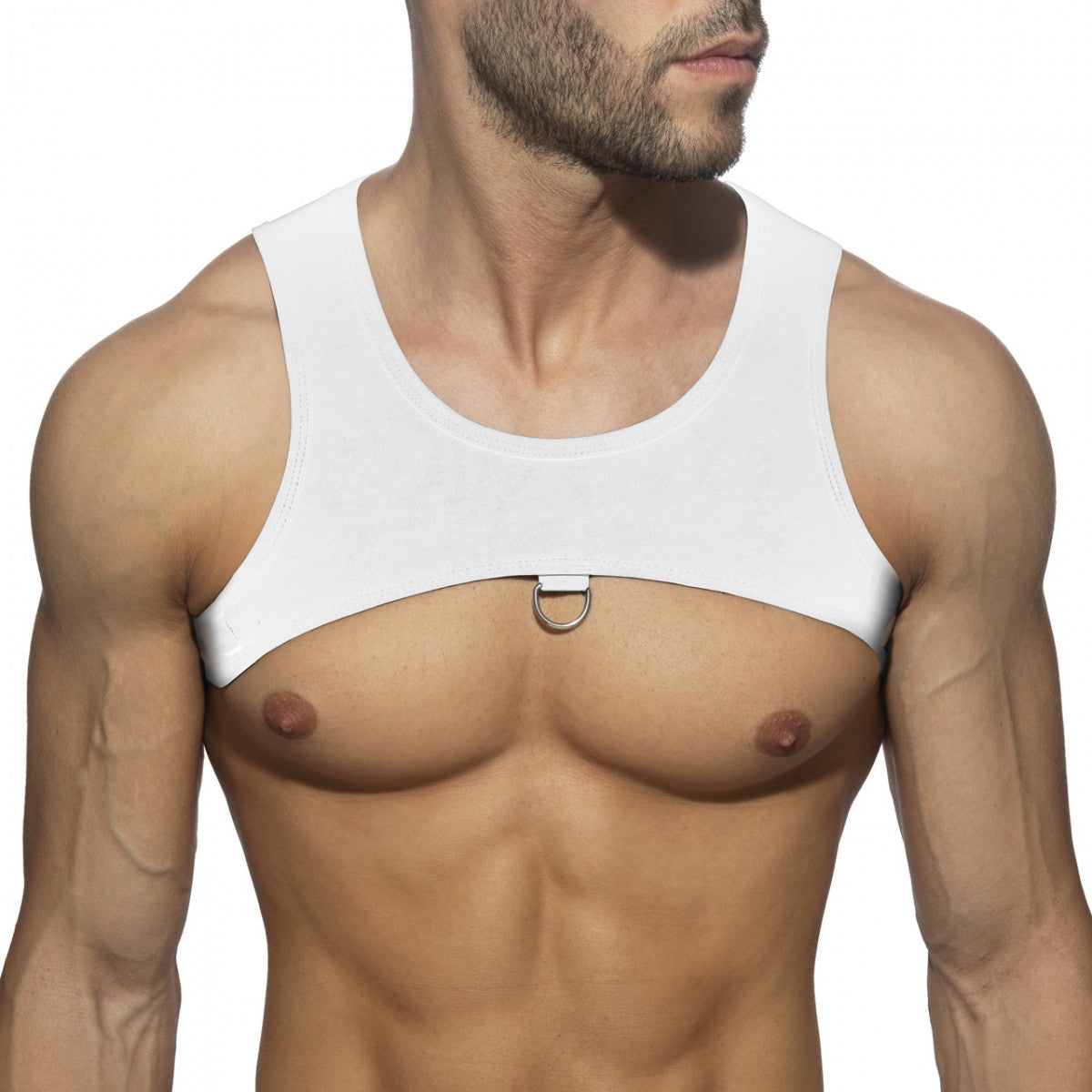White sleeveless top named ring plan harness featuring a central metal ring at the chest for stylish layering