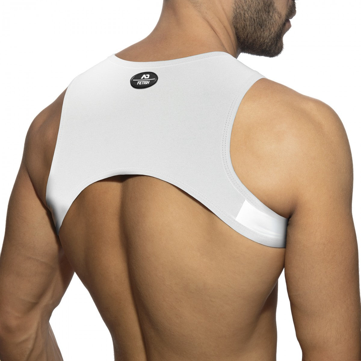 White ad fetish branded ring plan harness athletic top with sleek form-fitting design and smooth fabric