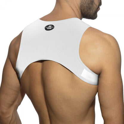 White ad fetish branded ring plan harness athletic top with sleek form-fitting design and smooth fabric
