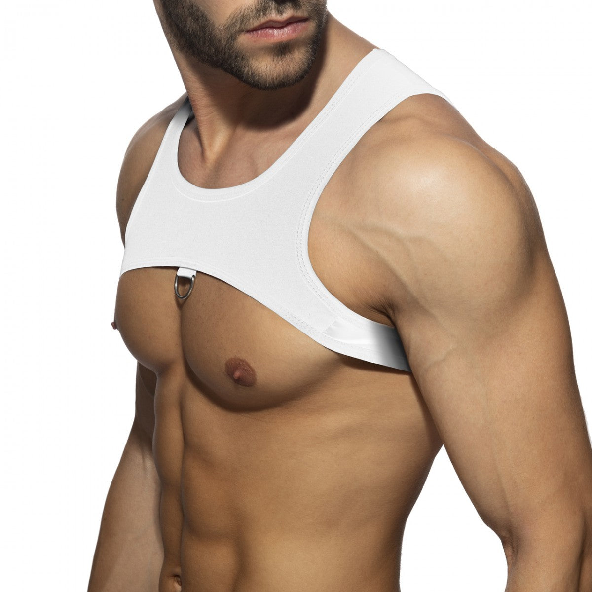 White form-fitting tank top ring plan harness with metallic ring detail at center front in soft stretch fabric