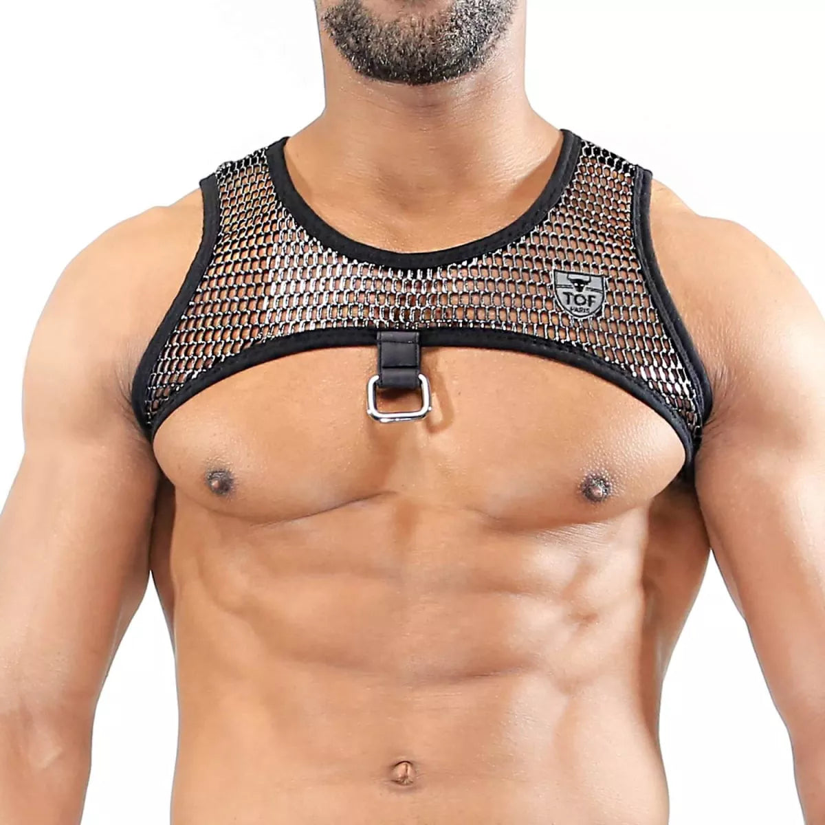 Black mesh roman harness with central metal buckle black trim and tof logo on the chest