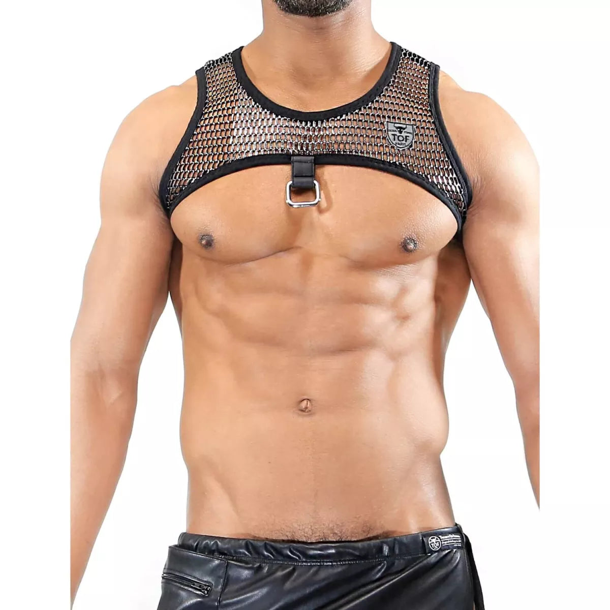 Black mesh Roman harness top with silver buckle and reinforced black trim shown from the back side