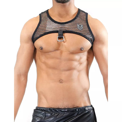 Black mesh Roman harness top with silver buckle and reinforced black trim shown from the back side