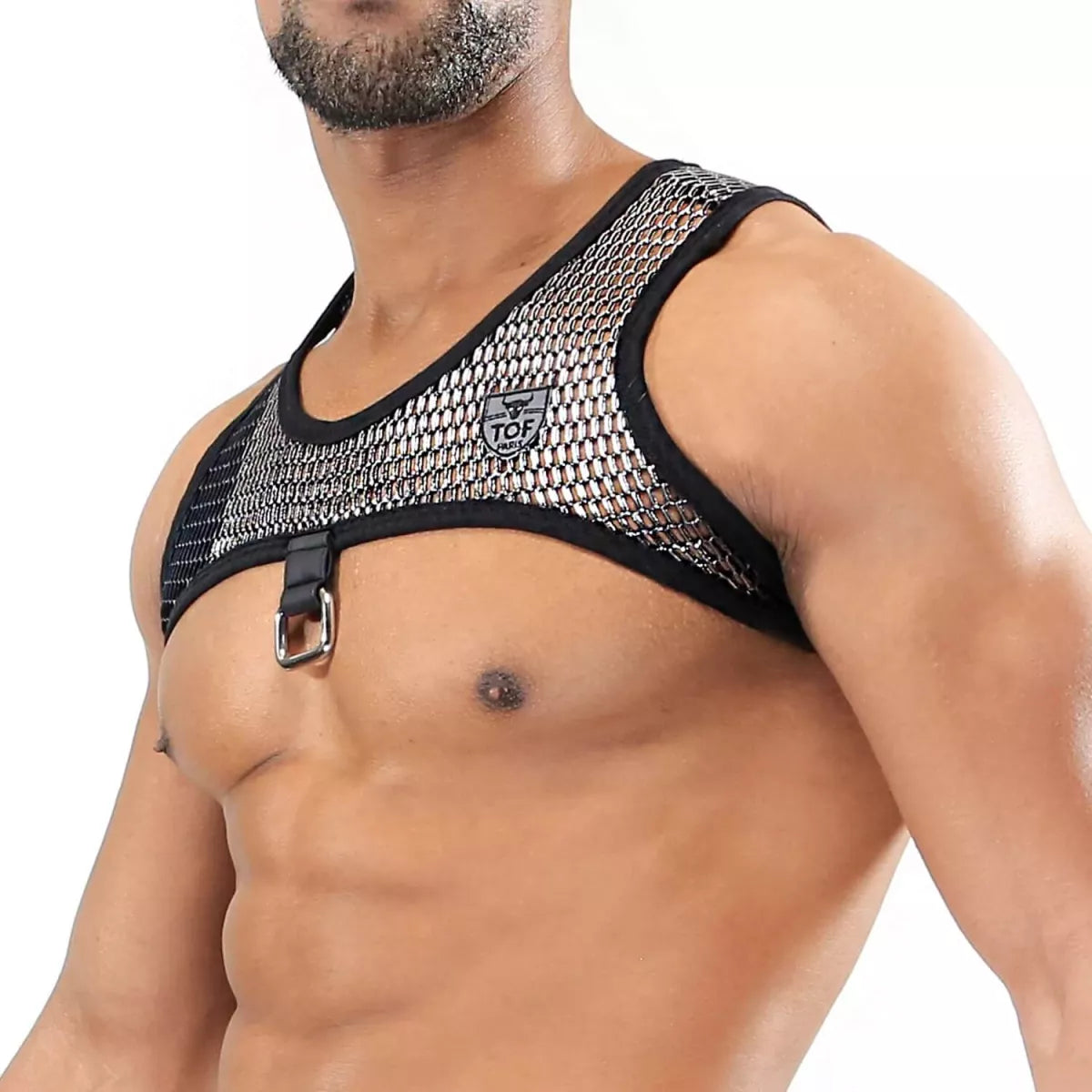 Black mesh roman harness with silver-toned metal buckle and brand logo for stylish layering and support