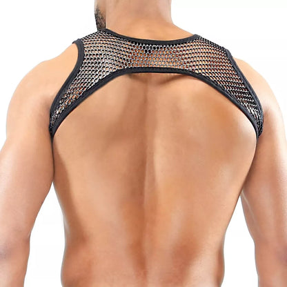 Black mesh roman harness shoulder harness with sleek form-fitting design showing front side view