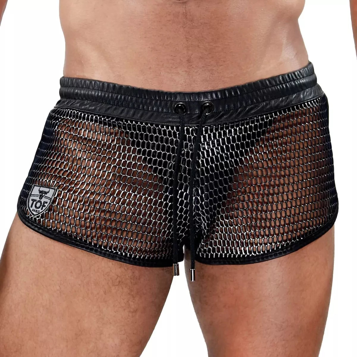 Roman shorts in black mesh with leather waistband drawstring and tof paris logo patch on the side
