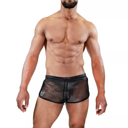 Roman shorts black mesh swim trunks with subtle textured pattern and elastic waistband for comfortable wear