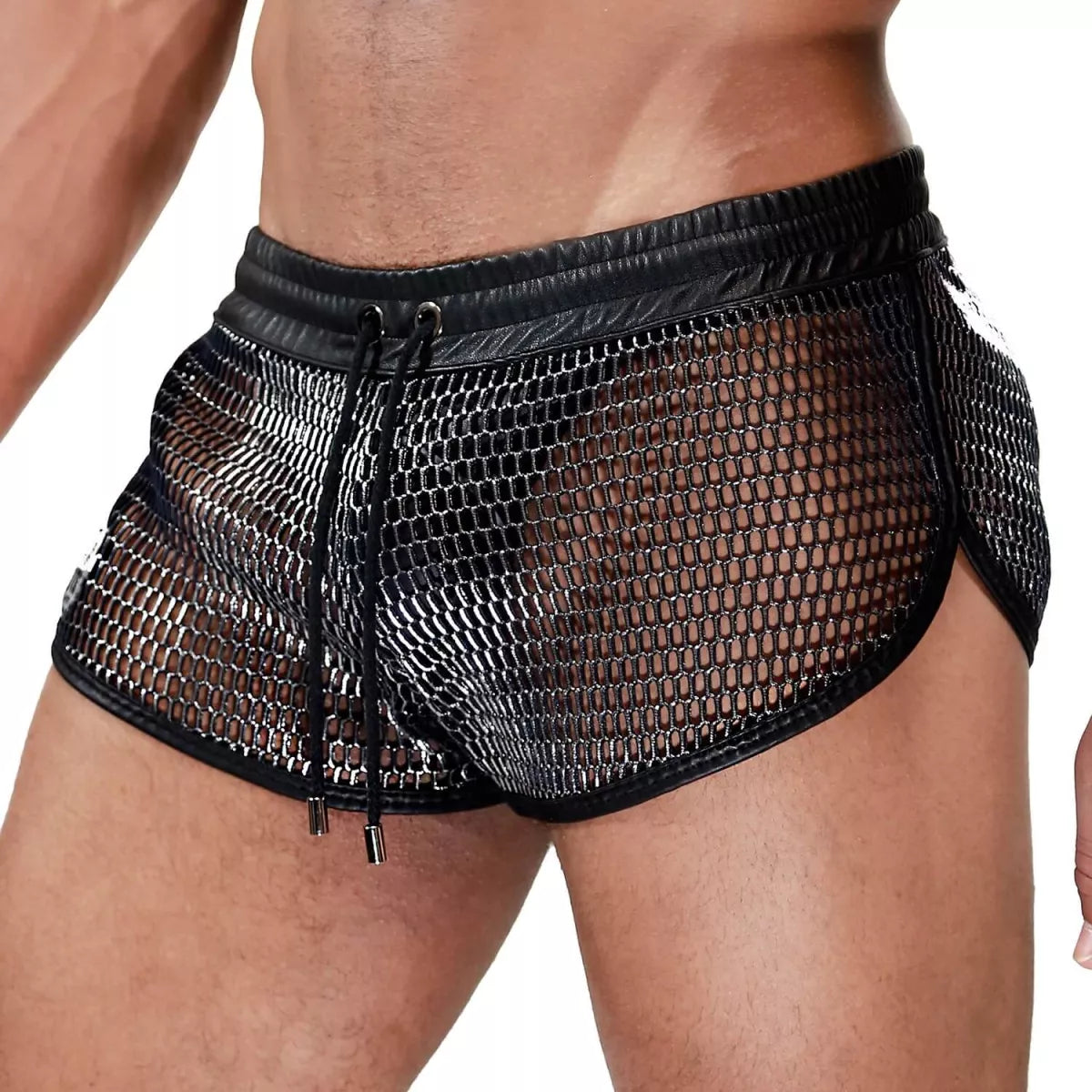 Roman shorts are black mesh shorts with a chain-link design and black leather trim for a bold stylish look