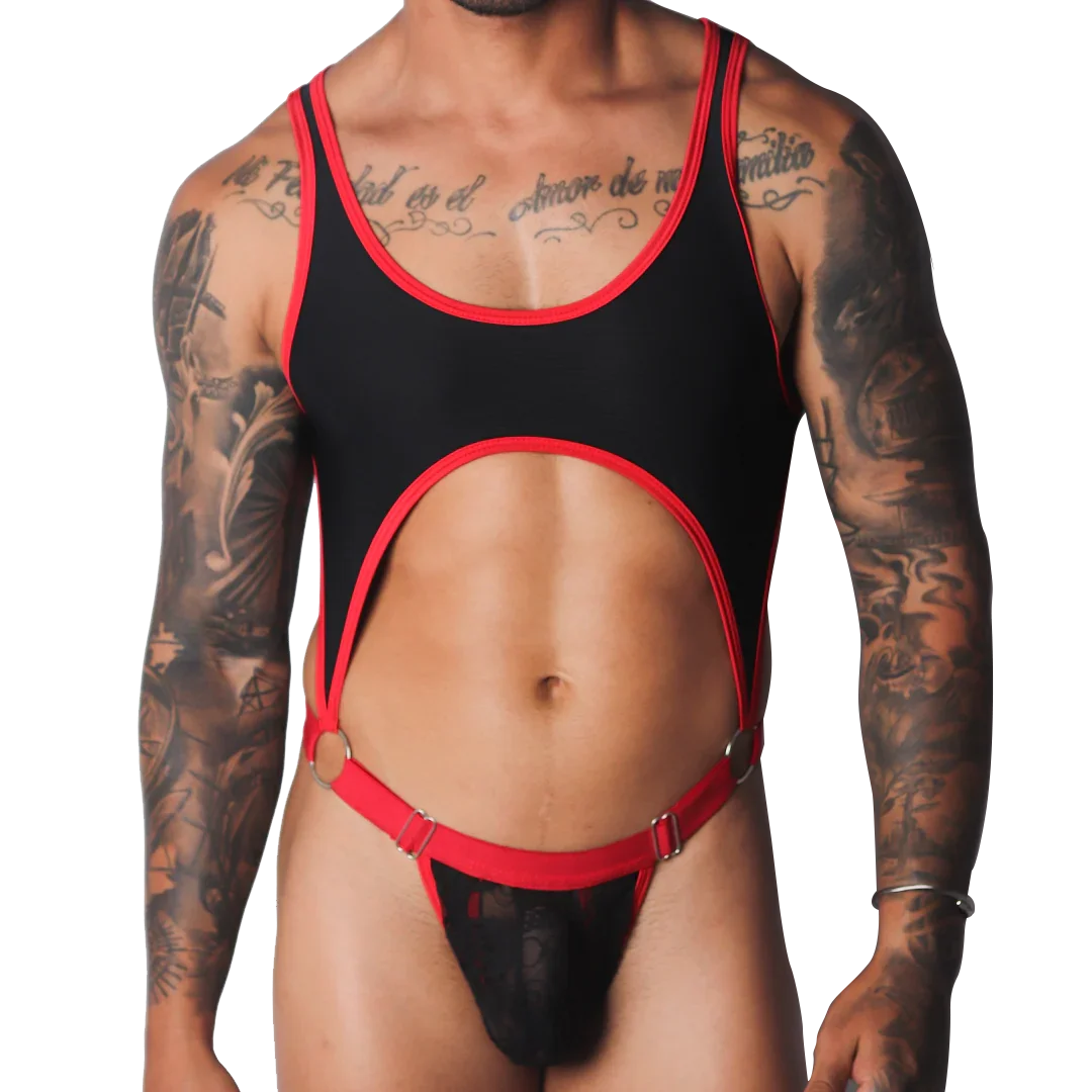 Black and red scoop-neck bodysuit with a chest cutout, O-ring connectors, and a sheer lace pouch.