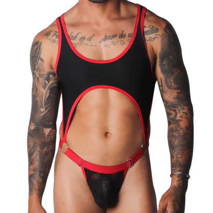 Black and red scoop-neck bodysuit with a chest cutout, O-ring connectors, and a sheer lace pouch.