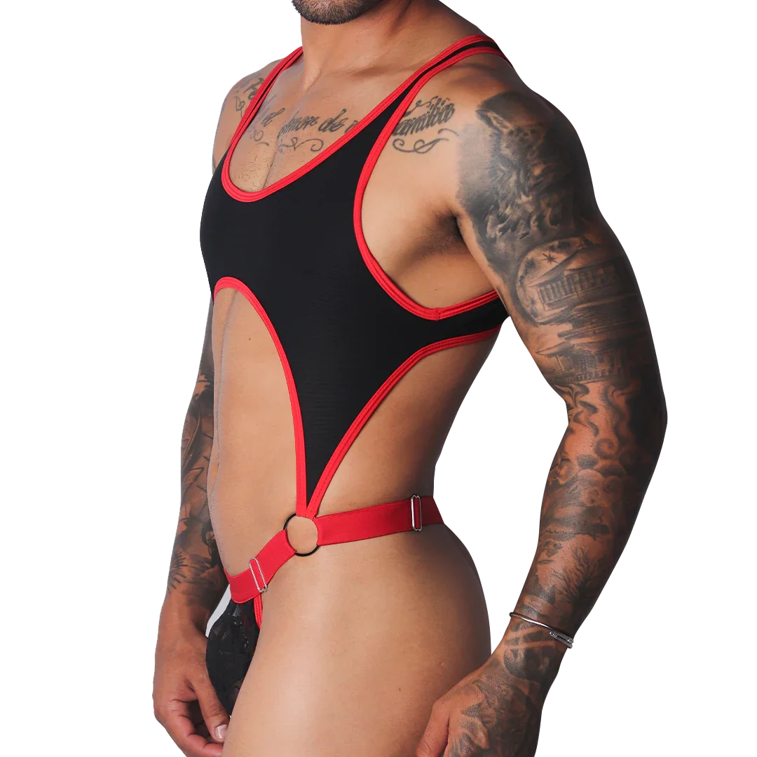 Black sleeveless bodysuit with red trim, high-cut sides, a chest cutout, and a red metal-ring waist strap.