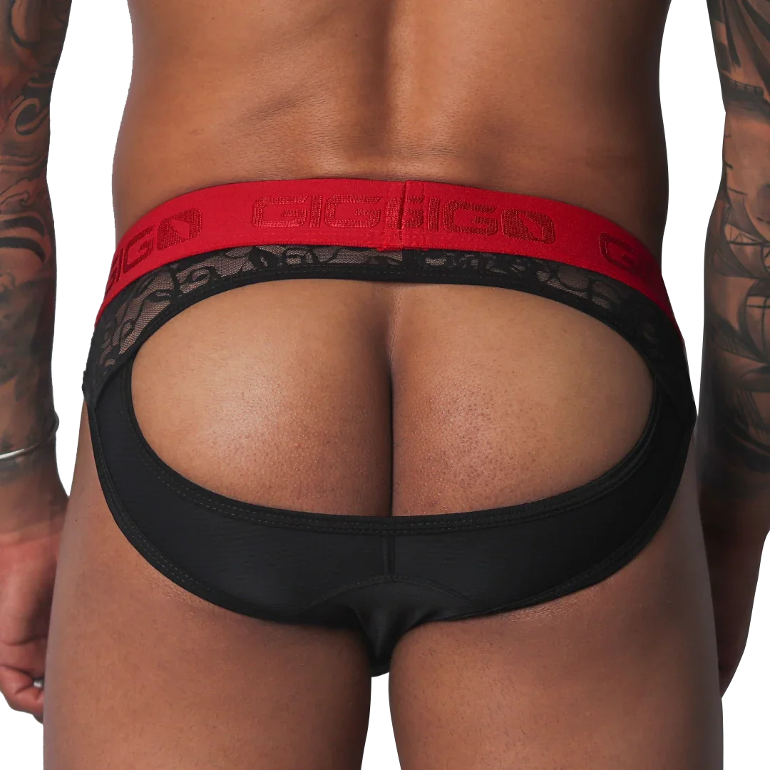 Black jockstrap with an open back, lace trim, and a thick red elastic waistband featuring the Gigo logo.