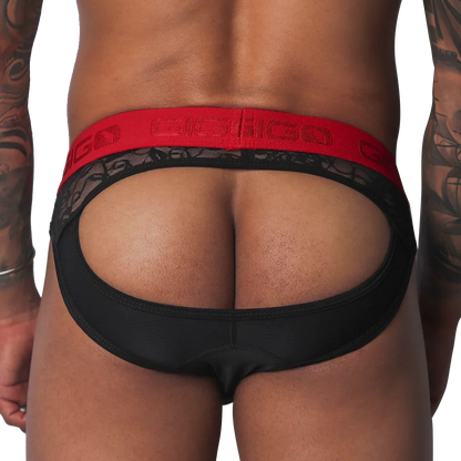 Black jockstrap with an open back, lace trim, and a thick red elastic waistband featuring the Gigo logo.
