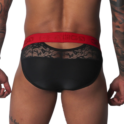 Black brief with sheer floral lace upper panel, solid black lower section, and a bold red branded elastic waistband.