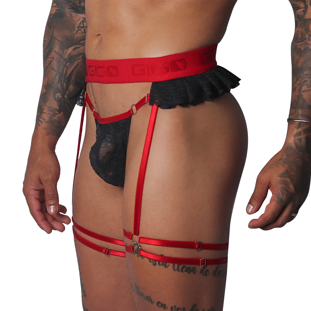 Black lace thong and red elastic garter belt with "GIGO" logo waistband and adjustable leg straps.