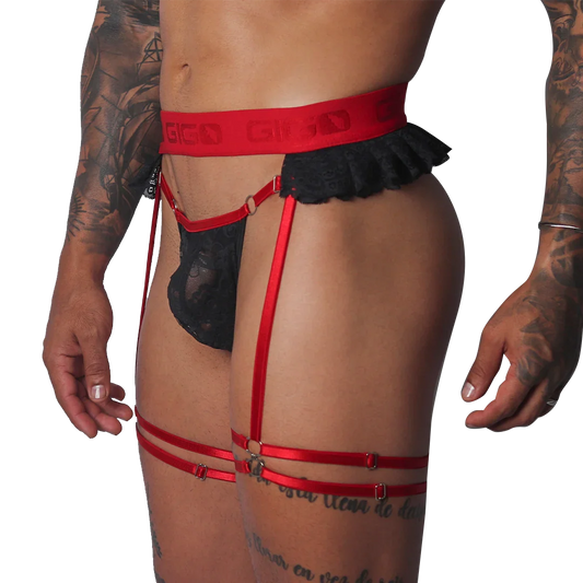 Black lace thong and red elastic garter belt with "GIGO" logo waistband and adjustable leg straps.