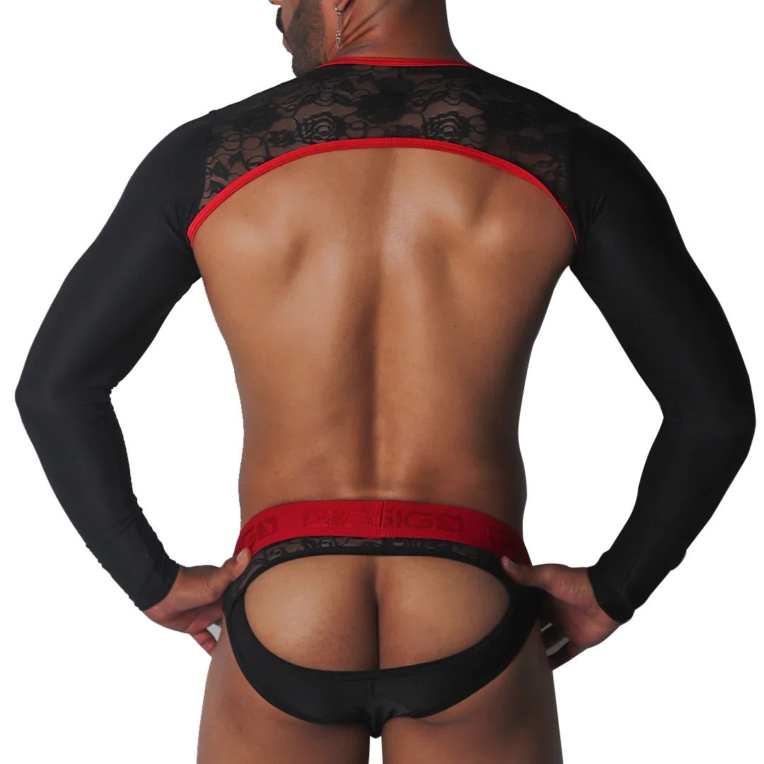 Black lace long-sleeve harness with red trim and matching red-accented, open-back jockstrap.