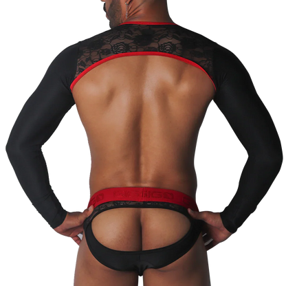 Black lace long-sleeve harness with red trim and matching red-accented, open-back jockstrap.