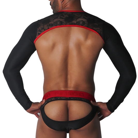 Black lace long-sleeve harness with red trim and matching red-accented, open-back jockstrap.