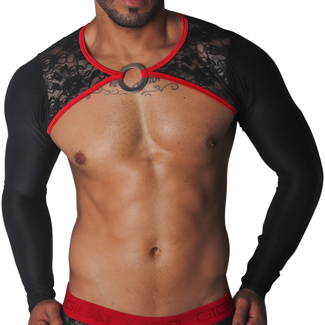 Black long-sleeve harness with floral lace chest panels, red trim, and a central metal O-ring.