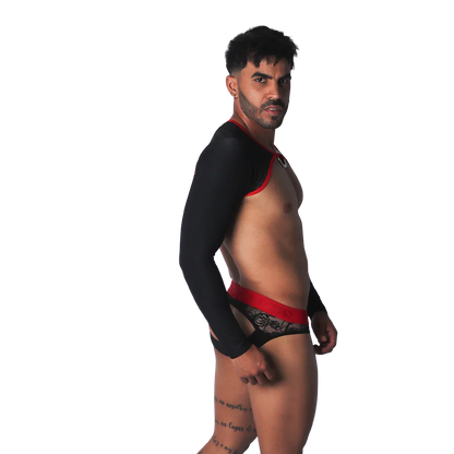 Black long-sleeved harness with red trim and O-ring, paired with matching red-waistband black lace briefs.